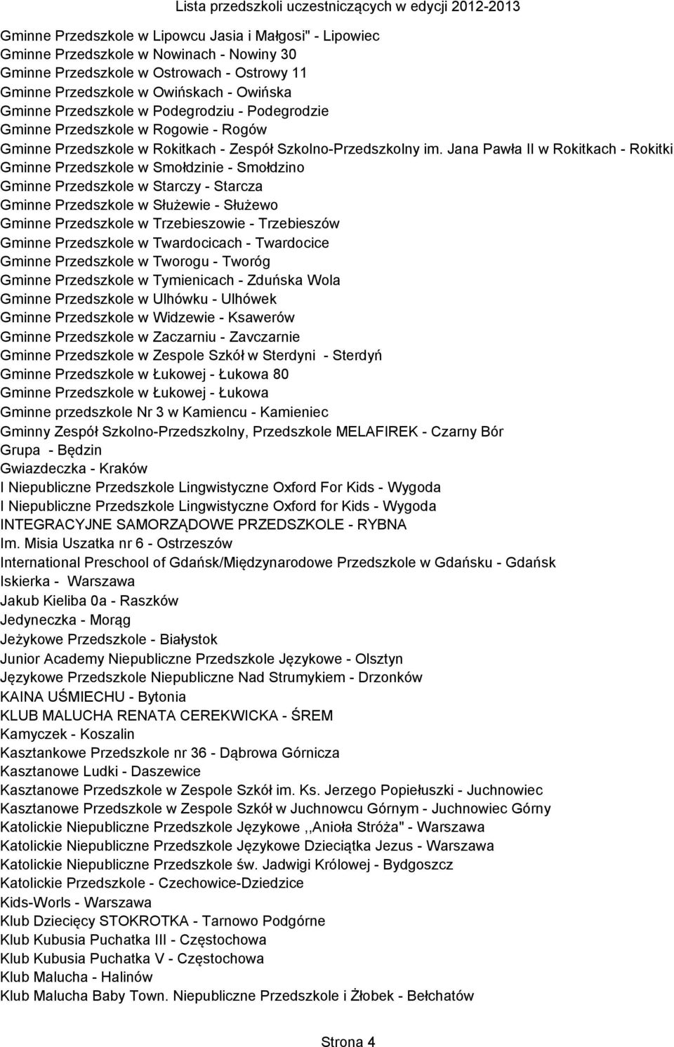 Jana Pawła II w Rokitkach - Rokitki Gminne Przedszkole w Smołdzinie - Smołdzino Gminne Przedszkole w Starczy - Starcza Gminne Przedszkole w Służewie - Służewo Gminne Przedszkole w Trzebieszowie -