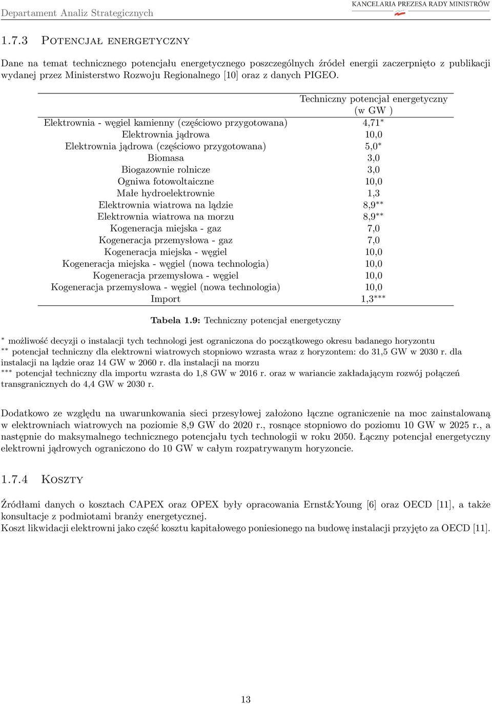 3,0 Biogazownie rolnicze 3,0 Ogniwa fotowoltaiczne 10,0 Małe hydroelektrownie 1,3 Elektrownia wiatrowa na lądzie 8,9 Elektrownia wiatrowa na morzu 8,9 Kogeneracja miejska - gaz 7,0 Kogeneracja