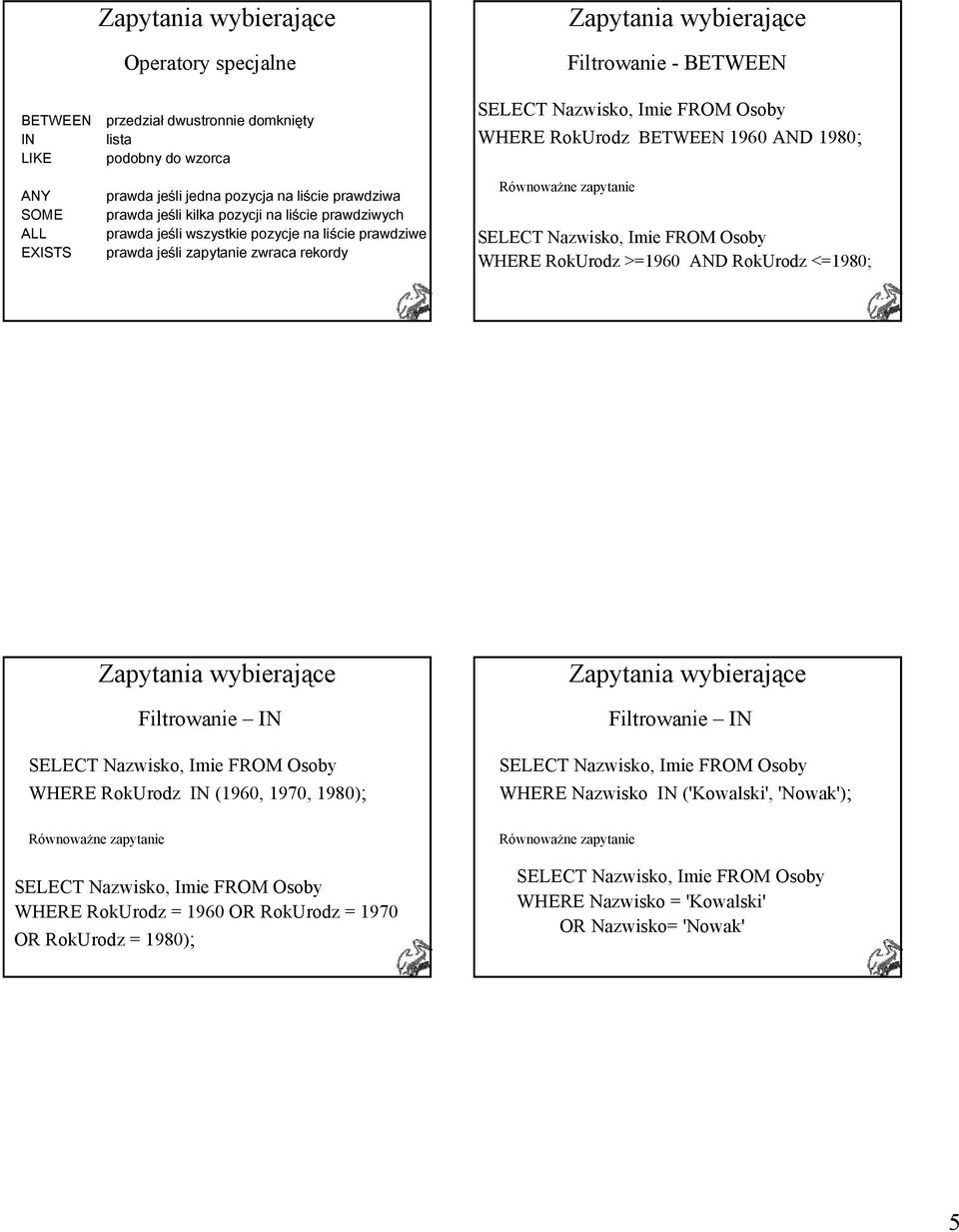 WHERE RokUrodz BETWEEN 1960 AND 1980; Równoważne zapytanie SELECT Nazwisko, Imie FROM Osoby WHERE RokUrodz >=1960 AND RokUrodz <=1980; Zapytania wybierające Filtrowanie IN Zapytania wybierające