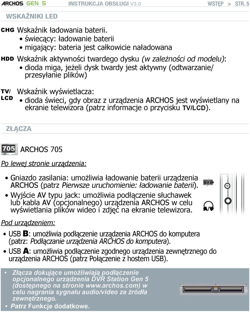 przesyłanie plików) TV/ LCD Wskaźnik wyświetlacza: dioda świeci, gdy obraz z urządzenia ARCHOS jest wyświetlany na ekranie telewizora (patrz informacje o przycisku TV/LCD).