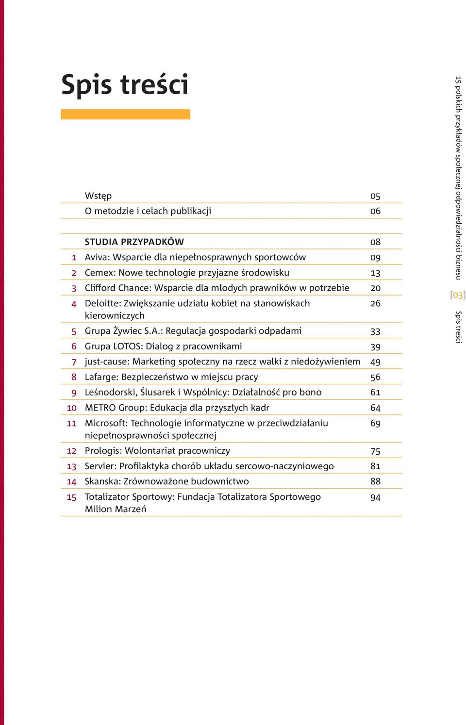 : Regulacja gospodarki odpadami 33 6 Grupa LOTOS: Dialog z pracownikami 39 7 just-cause: Marketing społeczny na rzecz walki z niedożywieniem 49 8 Lafarge: Bezpieczeństwo w miejscu pracy 56 9