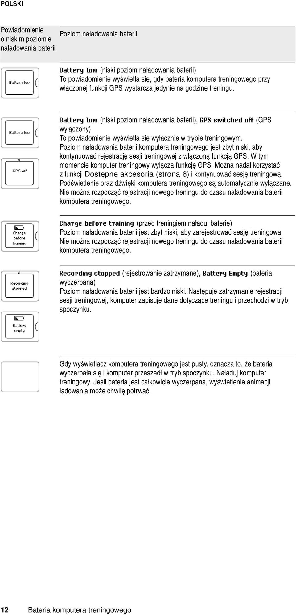 Battery low (niski poziom naładowania baterii), GPS switched off (GPS wyłączony) To powiadomienie wyświetla się wyłącznie w trybie treningowym.