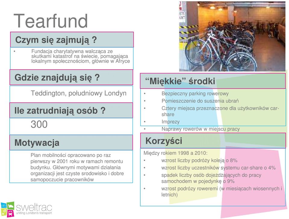 Głównymi motywami działania organizacji jest czyste srodowisko i dobre samopoczucie pracowników Bezpieczny parking rowerowy Pomieszczenie do suszenia ubrań Cztery miejsca