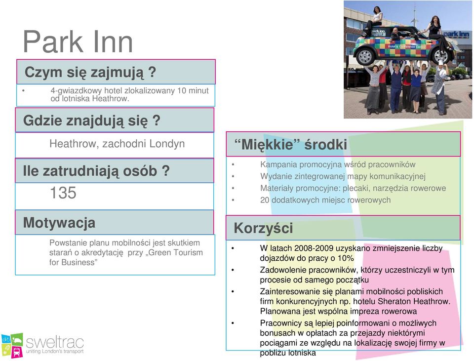 komunikacyjnej Materiały promocyjne: plecaki, narzędzia rowerowe 20 dodatkowych miejsc rowerowych W latach 2008-2009 uzyskano zmniejszenie liczby dojazdów do pracy o 10% Zadowolenie pracowników,