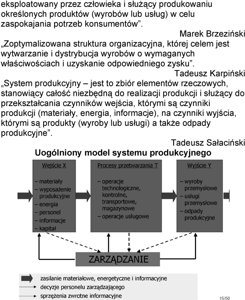 Tadeusz Karpiński System produkcyjny jest to zbiór elementów rzeczowych, stanowiący całość niezbędną do realizacji produkcji i służący do przekształcania czynników wejścia,