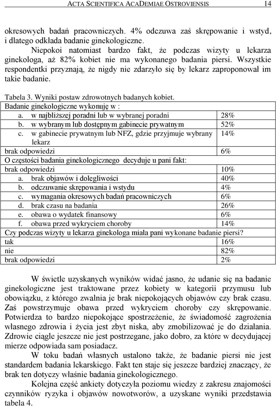 Wszystkie respondentki przyznają, że nigdy nie zdarzyło się by lekarz zaproponował im takie badanie. Tabela 3. Wyniki postaw zdrowotnych badanych kobiet. Badanie ginekologiczne wykonuję w : a.