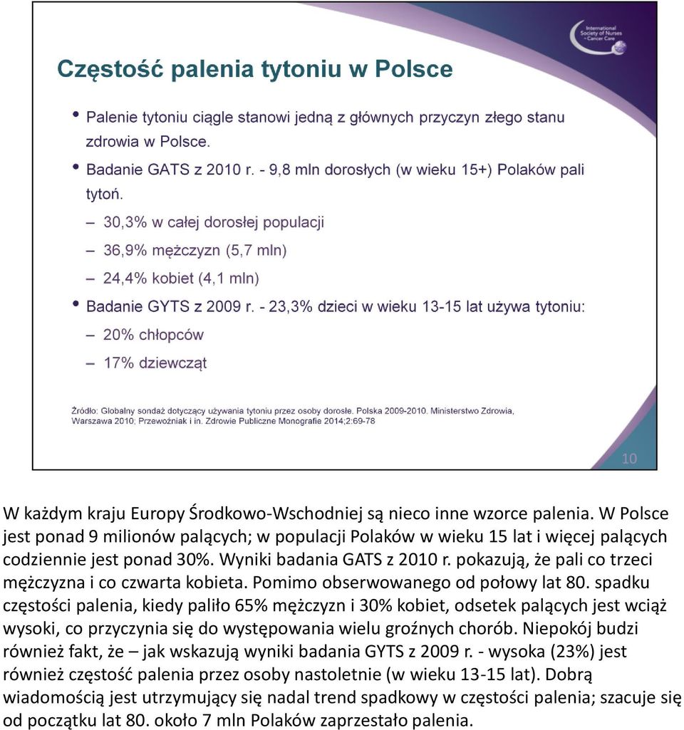 spadku częstości palenia, kiedy paliło 65% mężczyzn i 30% kobiet, odsetek palących jest wciąż wysoki, co przyczynia się do występowania wielu groźnych chorób.