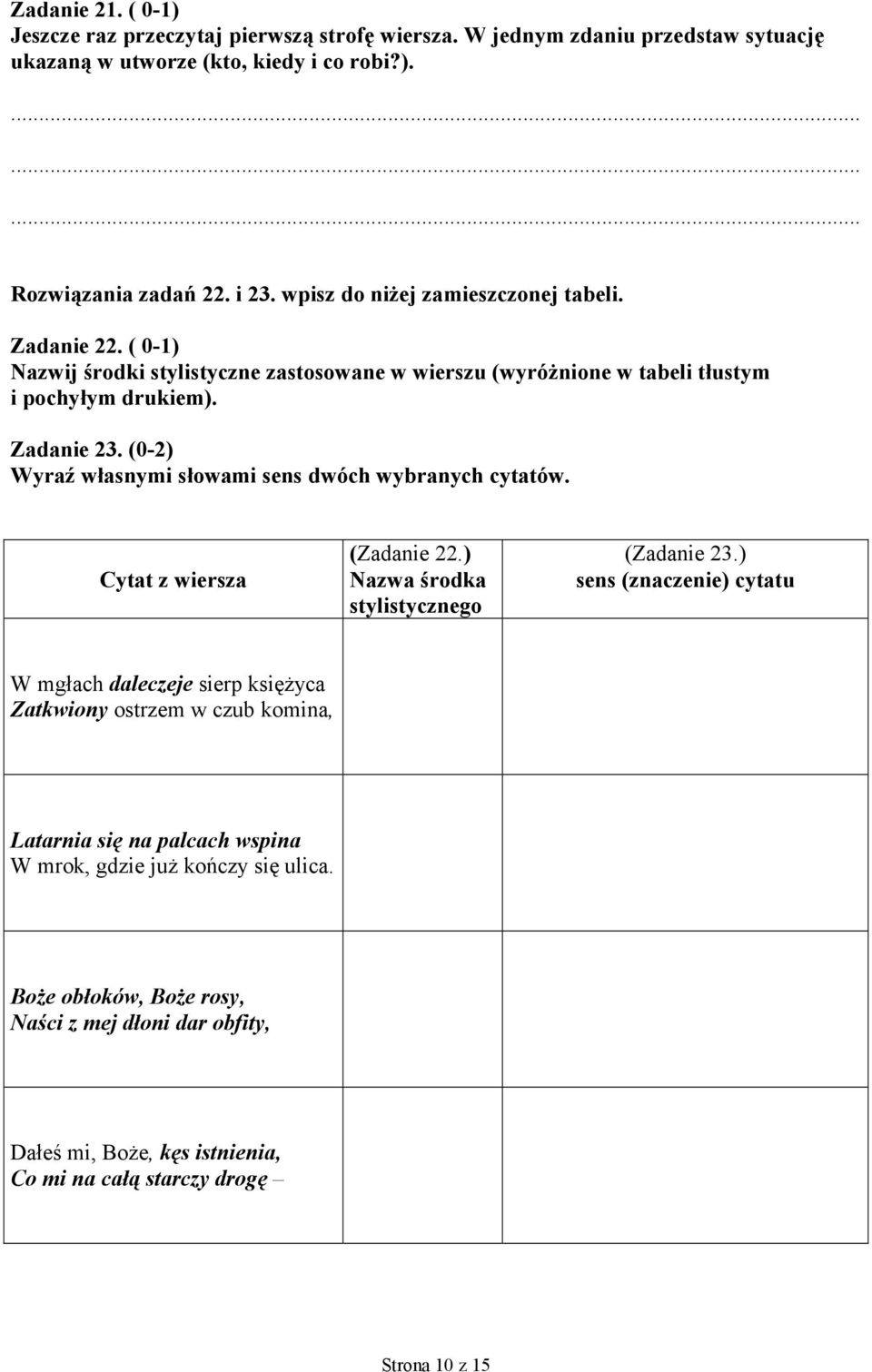 (0-2) Wyraź własnymi słowami sens dwóch wybranych cytatów. Cytat z wiersza (Zadanie 22.) Nazwa środka stylistycznego (Zadanie 23.