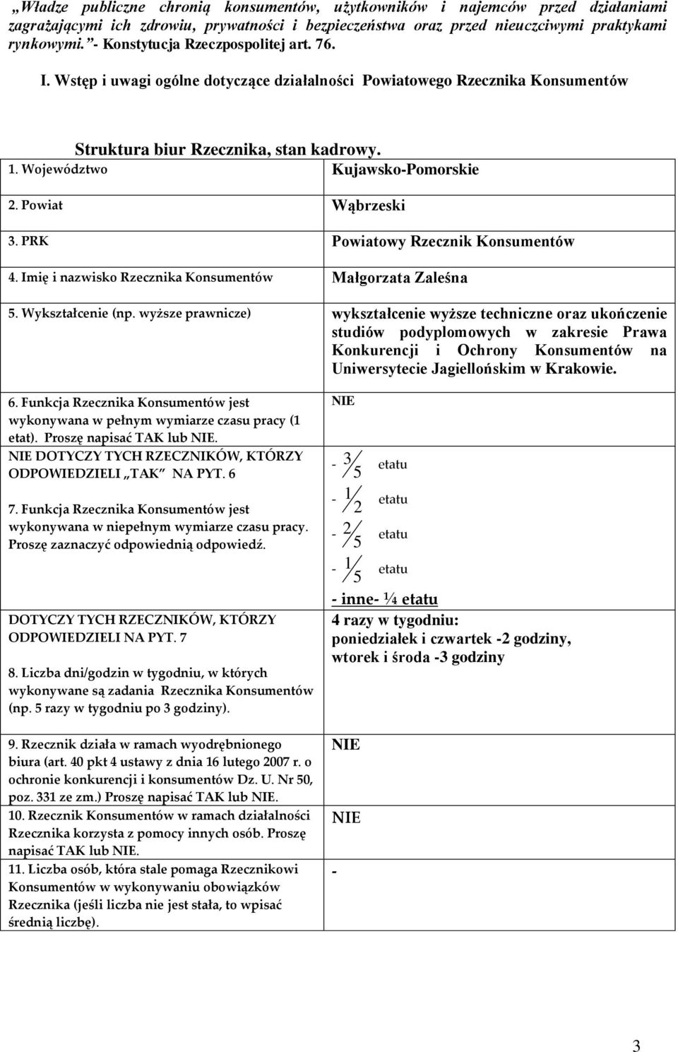 Powiat Wąbrzeski 3. PRK Powiatowy Rzecznik Konsumentów 4. Imię i nazwisko Rzecznika Konsumentów Małgorzata Zaleśna 5. Wykształcenie (np.