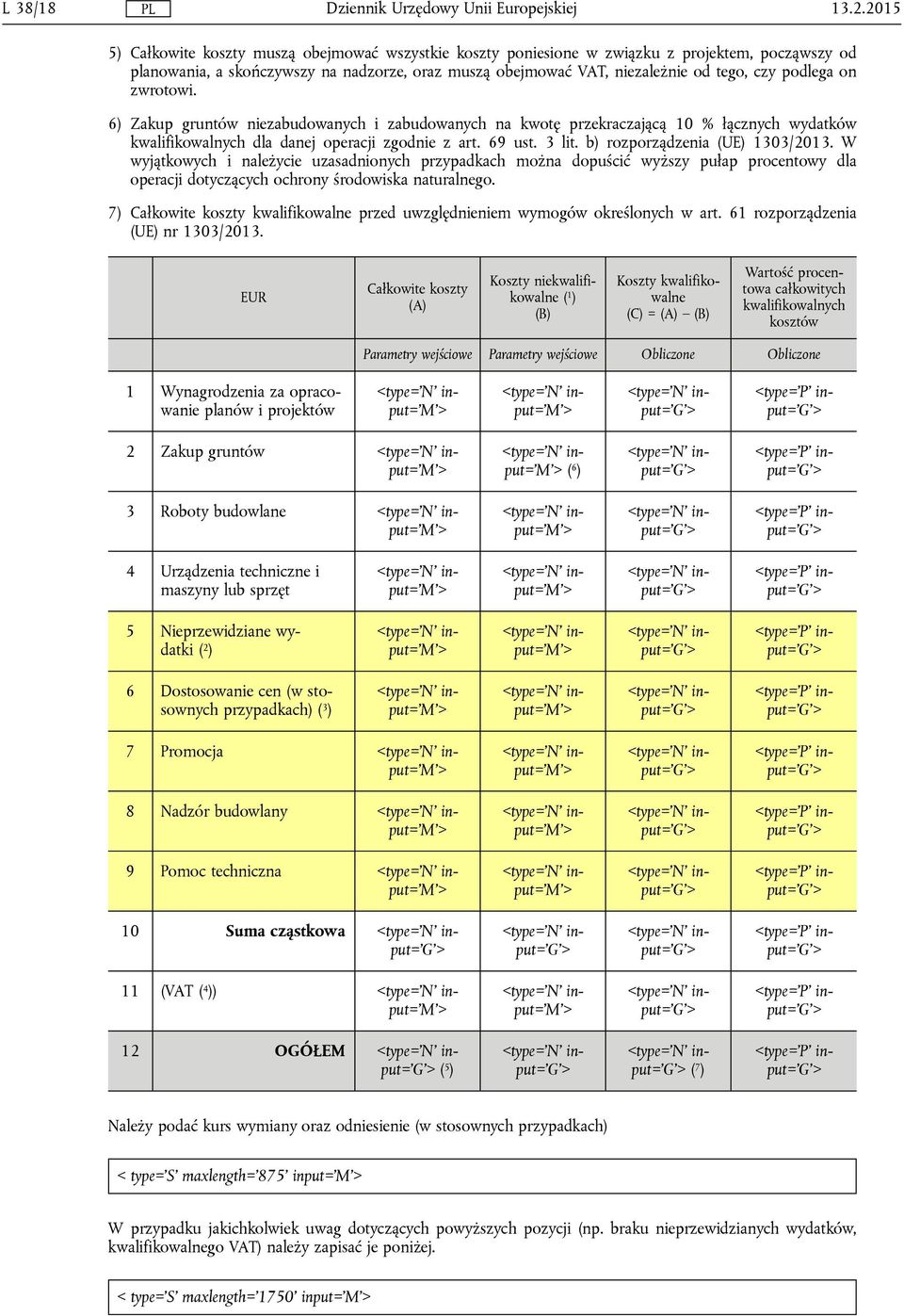 podlega on zwrotowi. 6) Zakup gruntów niezabudowanych i zabudowanych na kwotę przekraczającą 10 % łącznych wydatków kwalifikowalnych dla danej operacji zgodnie z art. 69 ust. 3 lit.