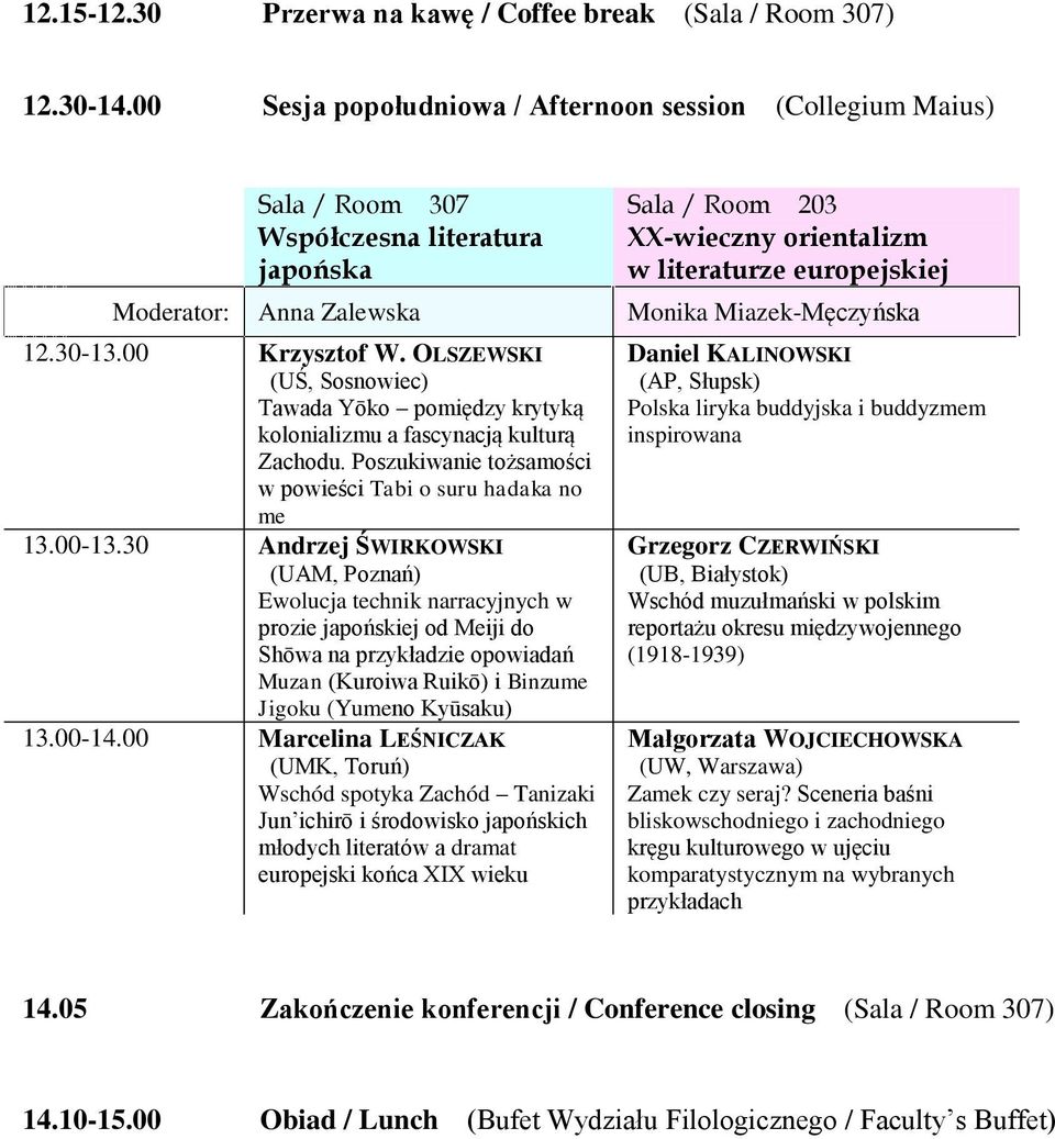 00 Krzysztof W. OLSZEWSKI (UŚ, Sosnowiec) Tawada Yōko pomiędzy krytyką kolonializmu a fascynacją kulturą Zachodu. Poszukiwanie tożsamości w powieści Tabi o suru hadaka no me 13.00-13.