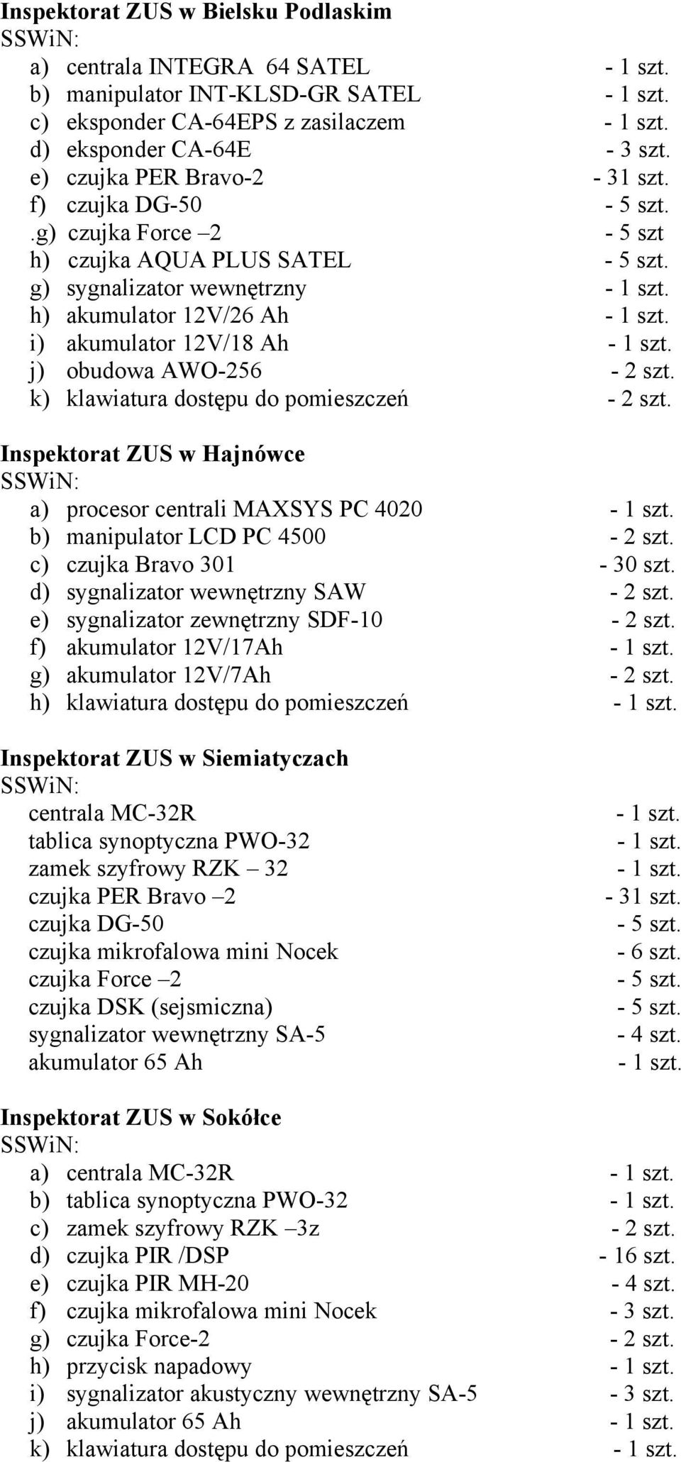 i) akumulator 12V/18 Ah - 1 szt. j) obudowa AWO-256-2 szt. k) klawiatura dostępu do pomieszczeń - 2 szt. Inspektorat ZUS w Hajnówce SSWiN: a) procesor centrali MAXSYS PC 4020-1 szt.