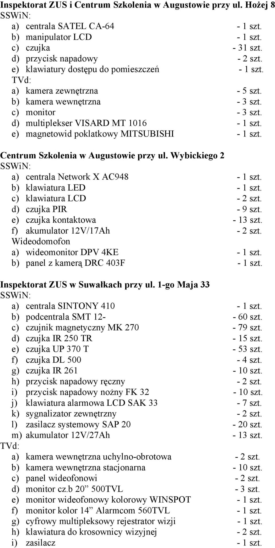 e) magnetowid poklatkowy MITSUBISHI - 1 szt. Centrum Szkolenia w Augustowie przy ul. Wybickiego 2 SSWiN: a) centrala Network X AC948-1 szt. b) klawiatura LED - 1 szt. c) klawiatura LCD - 2 szt.