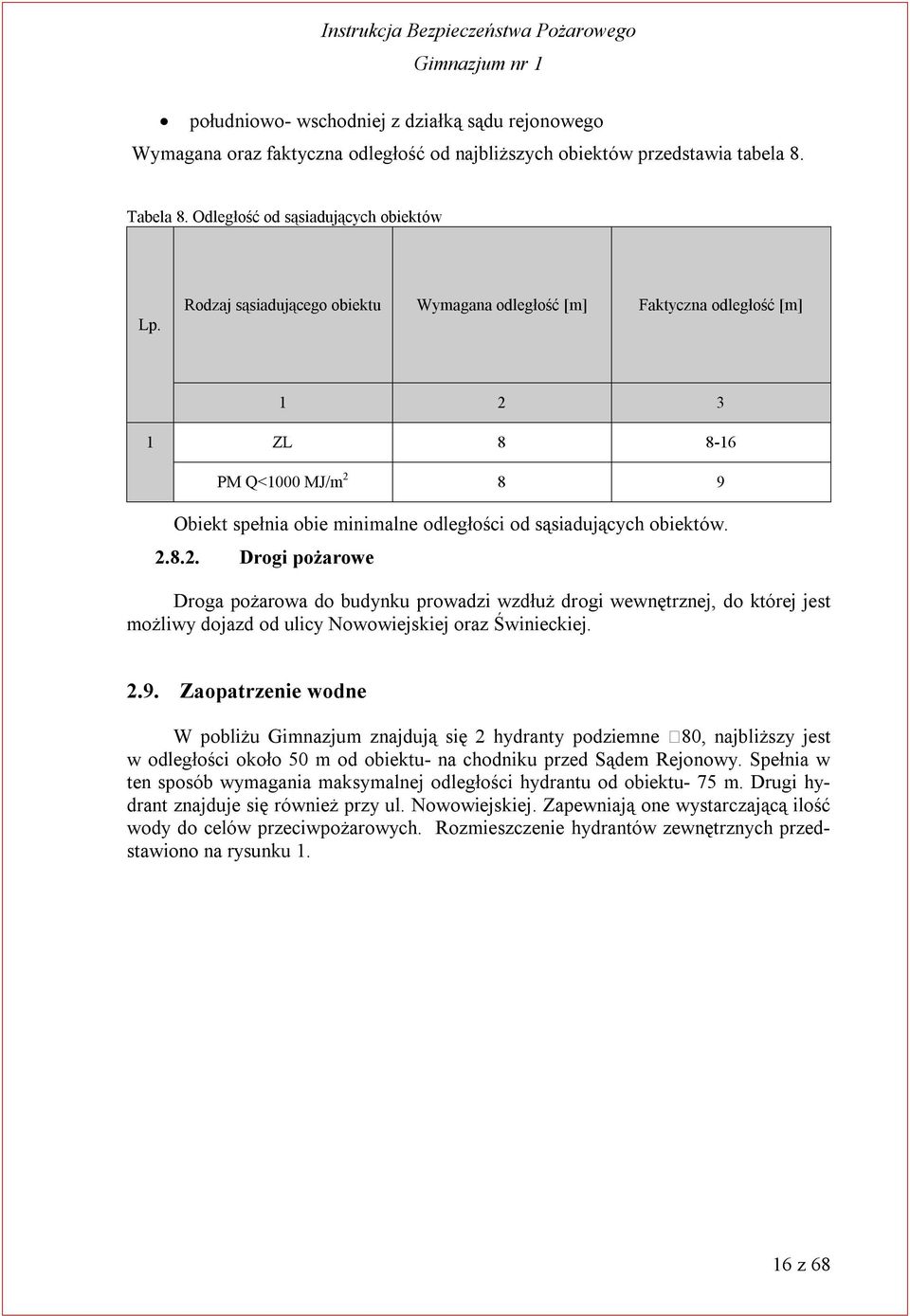 3 1 ZL 8 8-16 PM Q<1000 MJ/m 2 8 9 Obiekt spełnia obie minimalne odległości od sąsiadujących obiektów. 2.8.2. Drogi pożarowe Droga pożarowa do budynku prowadzi wzdłuż drogi wewnętrznej, do której jest możliwy dojazd od ulicy Nowowiejskiej oraz Świnieckiej.