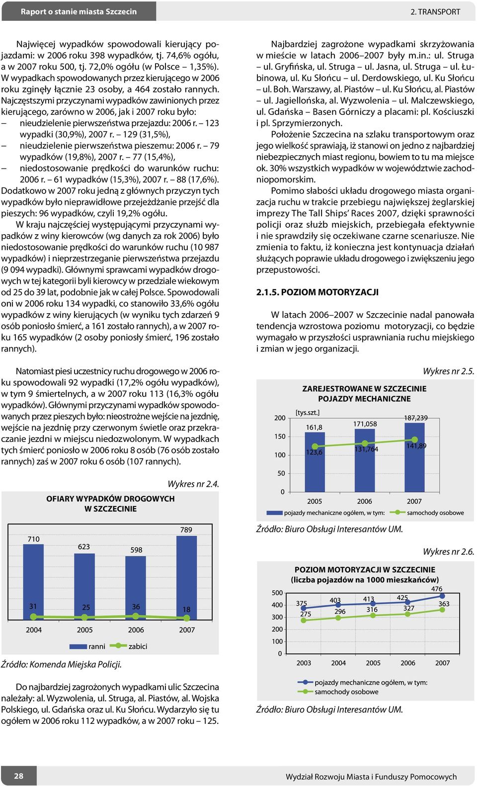 Najczęstszymi przyczynami wypadków zawinionych przez kierującego, zarówno w 2006, jak i 2007 roku było: nieudzielenie pierwszeństwa przejazdu: 2006 r. 123 wypadki (30,9%), 2007 r.