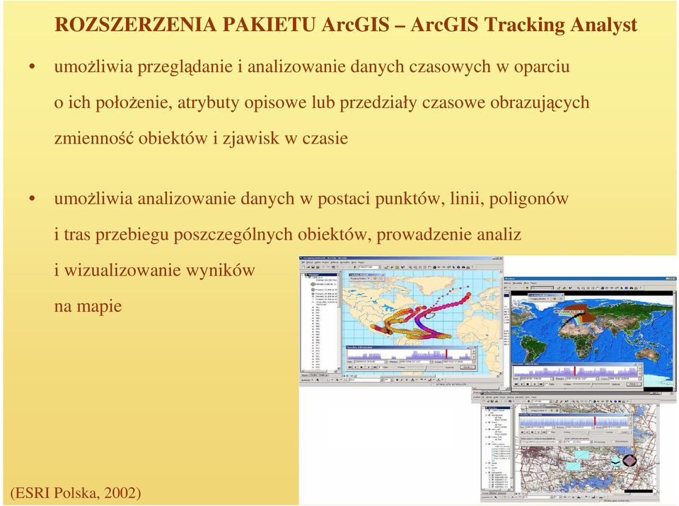 obiektów i zjawisk w czasie umoŝliwia analizowanie danych w postaci punktów, linii, poligonów i tras