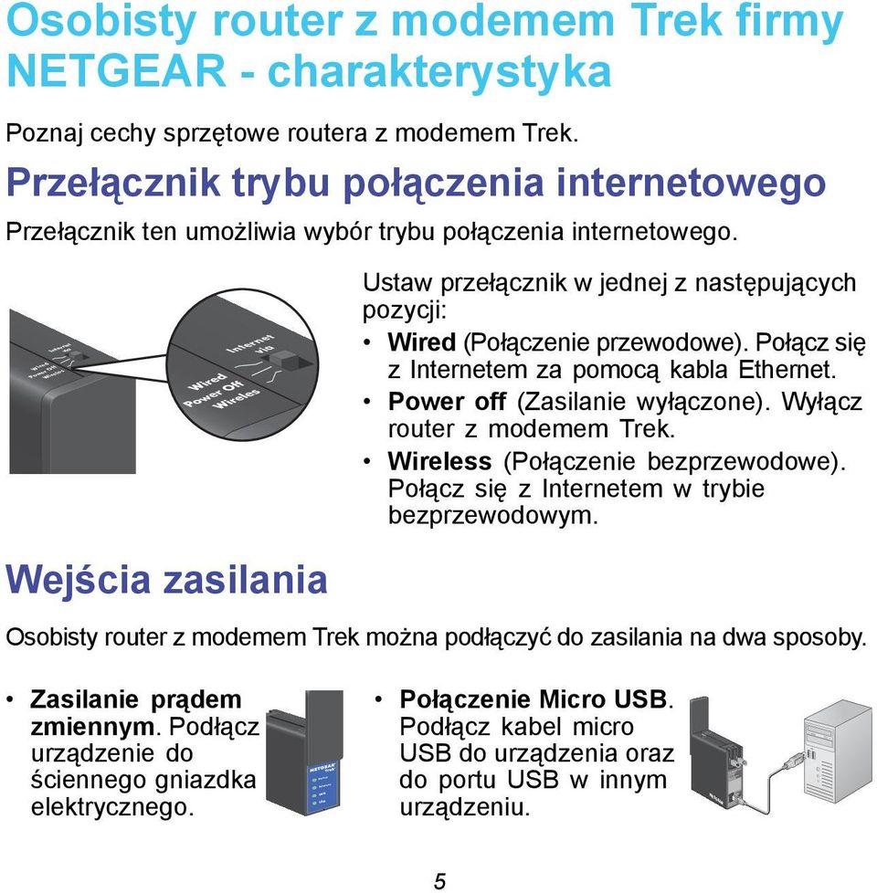 via Wired Power Off Wireles via Wired Power Off Wireles Ustaw przełącznik w jednej z następujących pozycji: Wired (Połączenie przewodowe). Połącz się z em za pomocą kabla Ethernet.