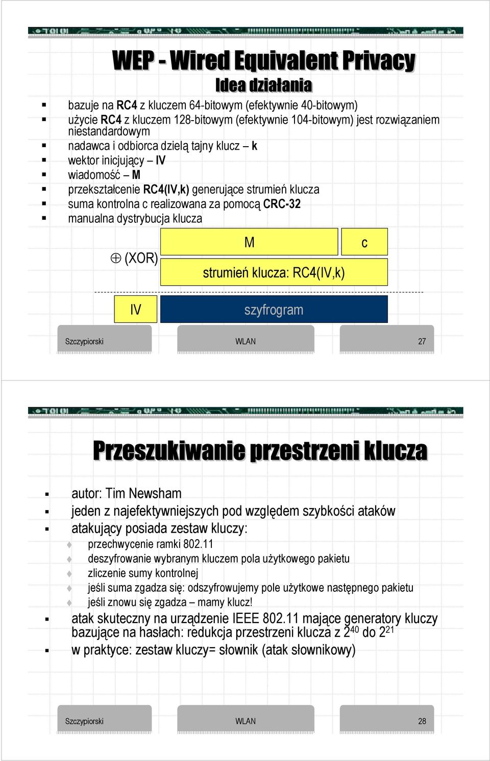 (XOR) M strumień klucza: RC4(IV,k) c IV szyfrogram Szczypiorski WLAN 27 Przeszukiwanie przestrzeni klucza autor: Tim Newsham jeden z najefektywniejszych pod względem szybkości ataków atakujący