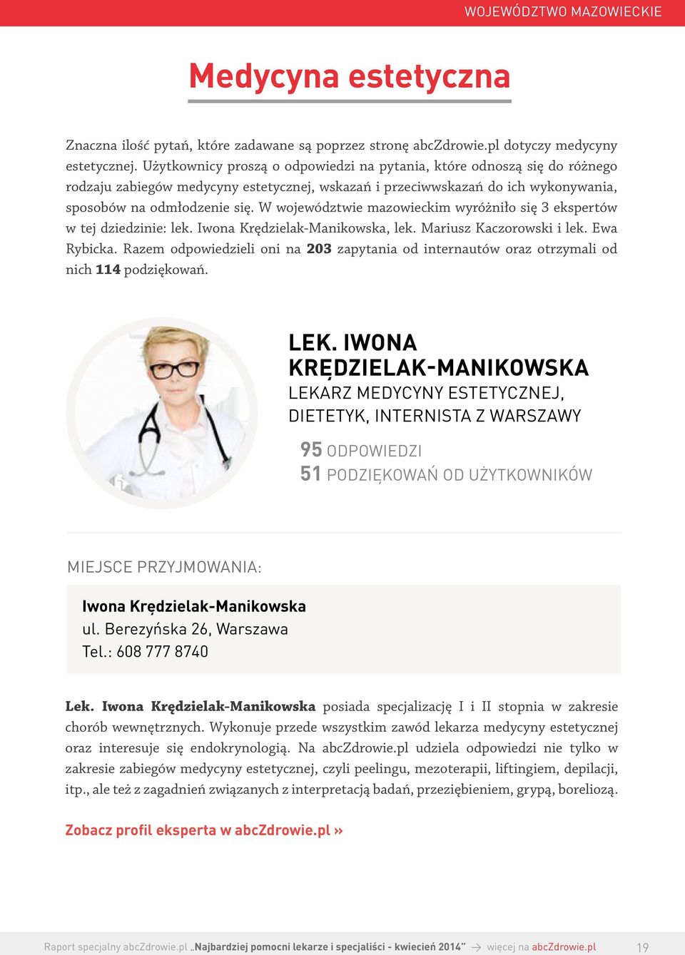 W województwie mazowieckim wyróżniło się 3 ekspertów w tej dziedzinie: lek. Iwona Krędzielak-Manikowska, lek. Mariusz Kaczorowski i lek. Ewa Rybicka.