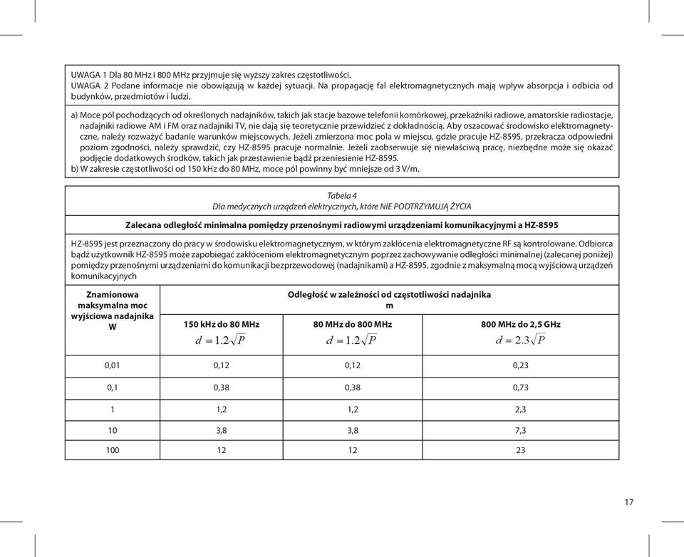 a) Moce pól pochodzących od określonych nadajników, takich jak stacje bazowe telefonii komórkowej, przekaźniki radiowe, amatorskie radiostacje, nadajniki radiowe AM i FM oraz nadajniki TV, nie dają