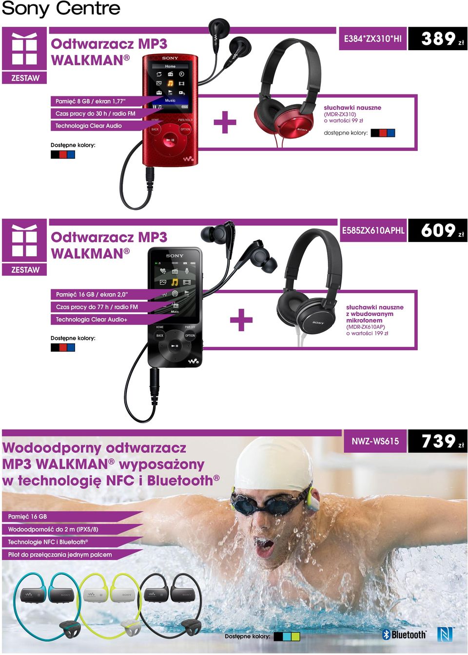 Technologia Clear Audio+ słuchawki nauszne z wbudowanym mikrofonem (MDR-ZX610AP) o wartości 199 Wodoodporny odtwarzacz MP3 WALKMAN wyposażony