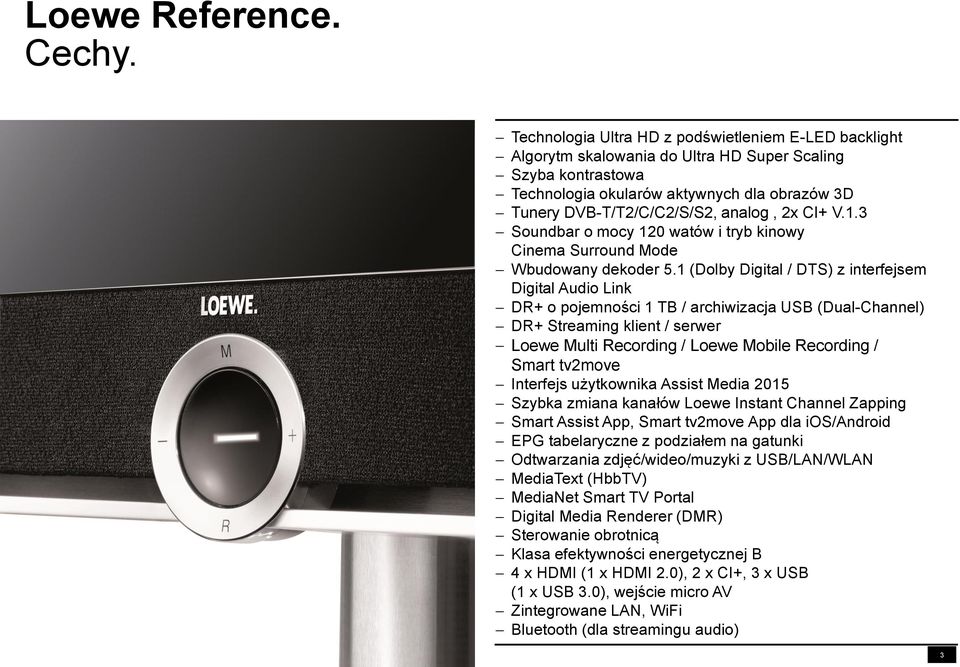 2x CI+ V.1.3 Soundbar o mocy 120 watów i tryb kinowy Cinema Surround Mode Wbudowany dekoder 5.