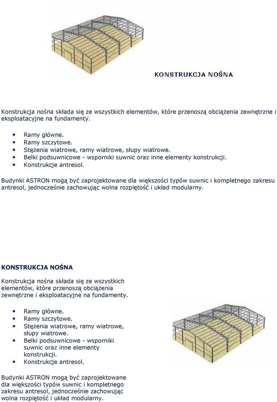 Budynki ASTRON mogą być zaprojektowane dla większości typów suwnic i kompletnego zakresu antresol, jednocześnie zachowując wolna rozpiętość i układ modularny.