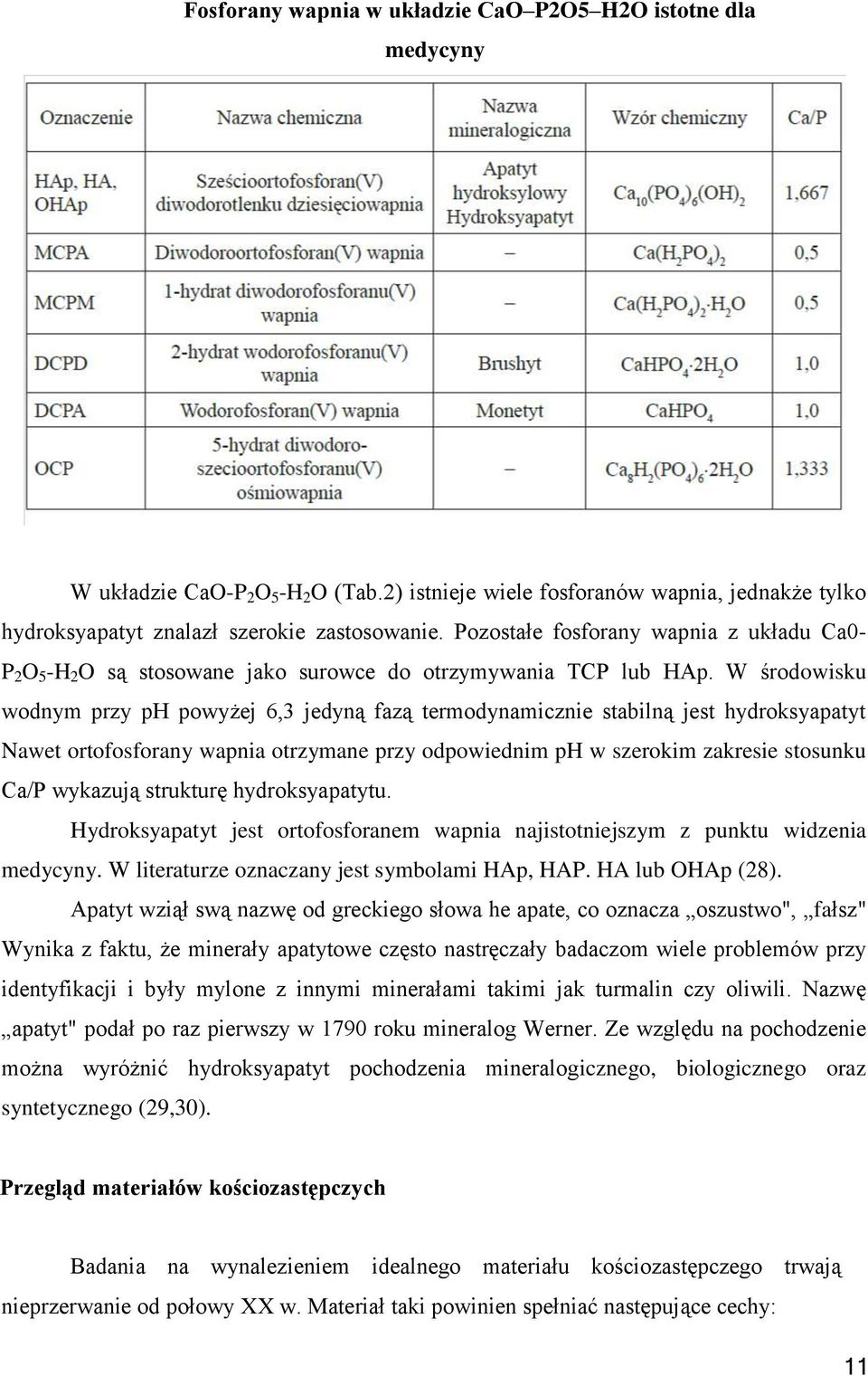 W środowisku wodnym przy ph powyżej 6,3 jedyną fazą termodynamicznie stabilną jest hydroksyapatyt Nawet ortofosforany wapnia otrzymane przy odpowiednim ph w szerokim zakresie stosunku Ca/P wykazują