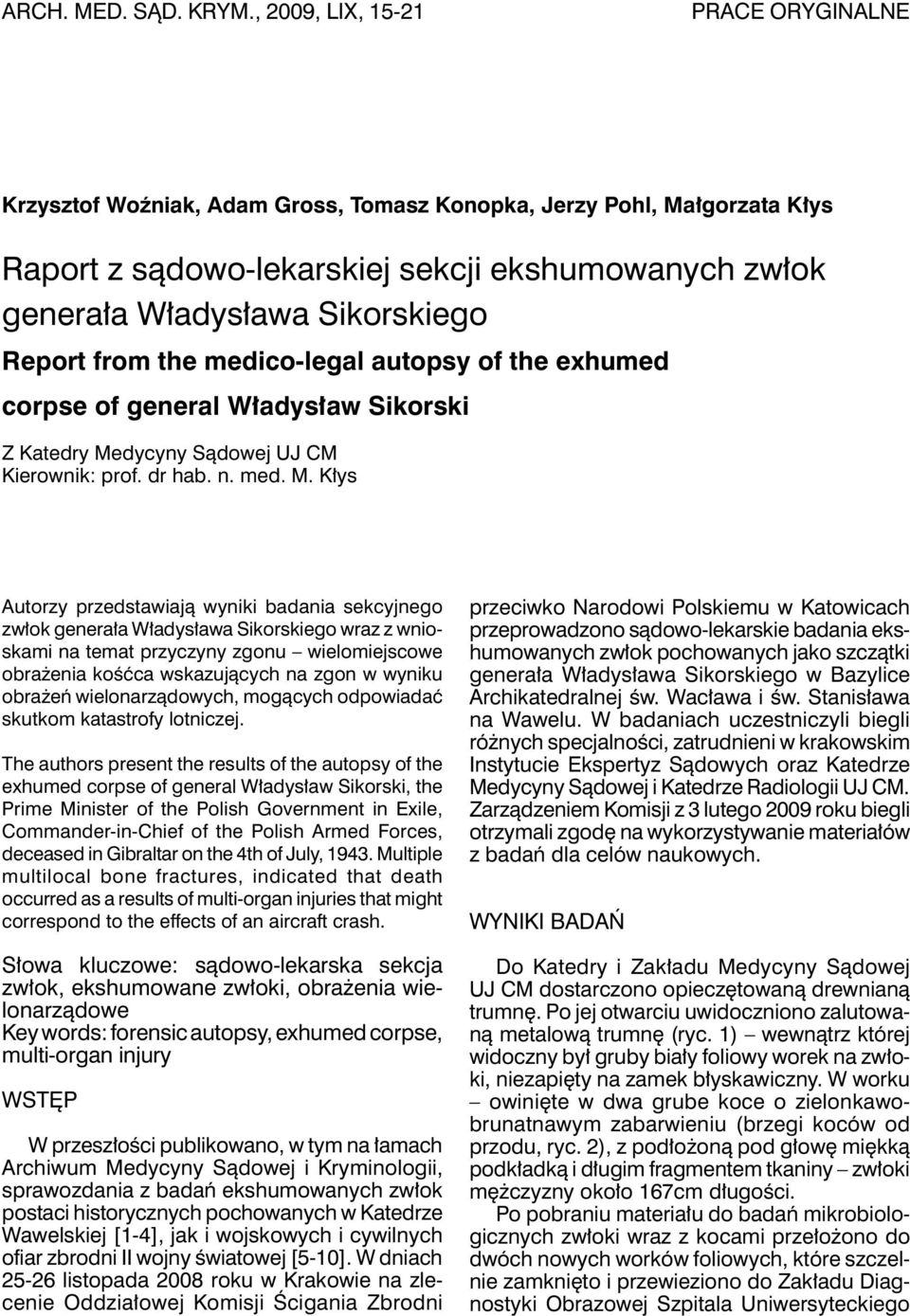 Report from the medico-legal autopsy of the exhumed corpse of general Władysław Sikorski Z Katedry Me