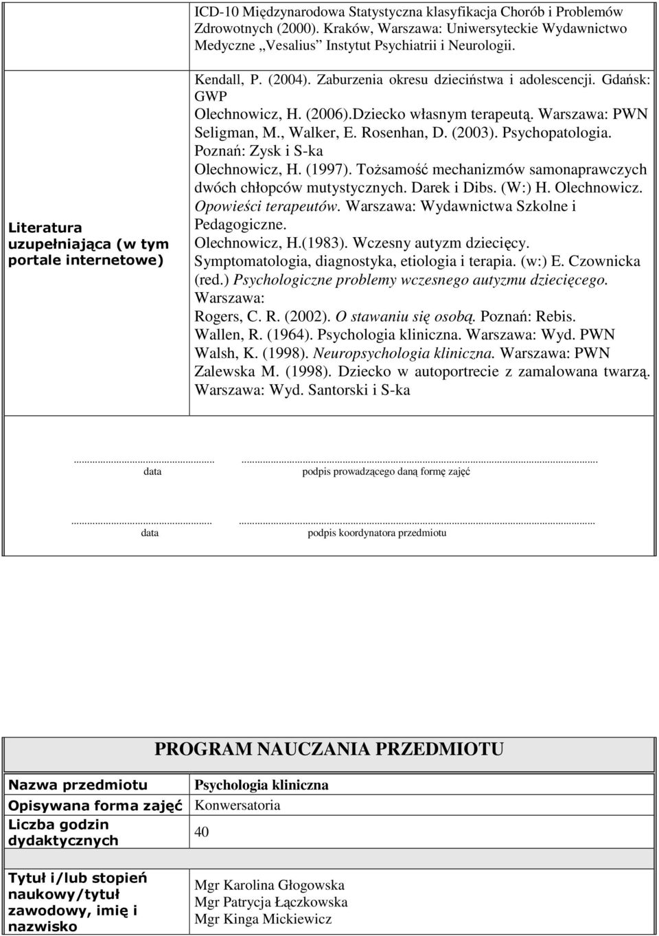 Warszawa: PWN Seligman, M., Walker, E. Rosenhan, D. (2003). Psychopatologia. Poznań: Zysk i S-ka Olechnowicz, H. (1997). Tożsamość mechanizmów samonaprawczych dwóch chłopców mutystycznych.