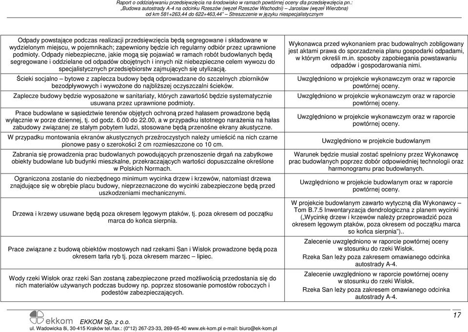 przedsiębiorstw zajmujących się utylizacją. Ścieki socjalno bytowe z zaplecza budowy będą odprowadzane do szczelnych zbiorników bezodpływowych i wywoŝone do najbliŝszej oczyszczalni ścieków.