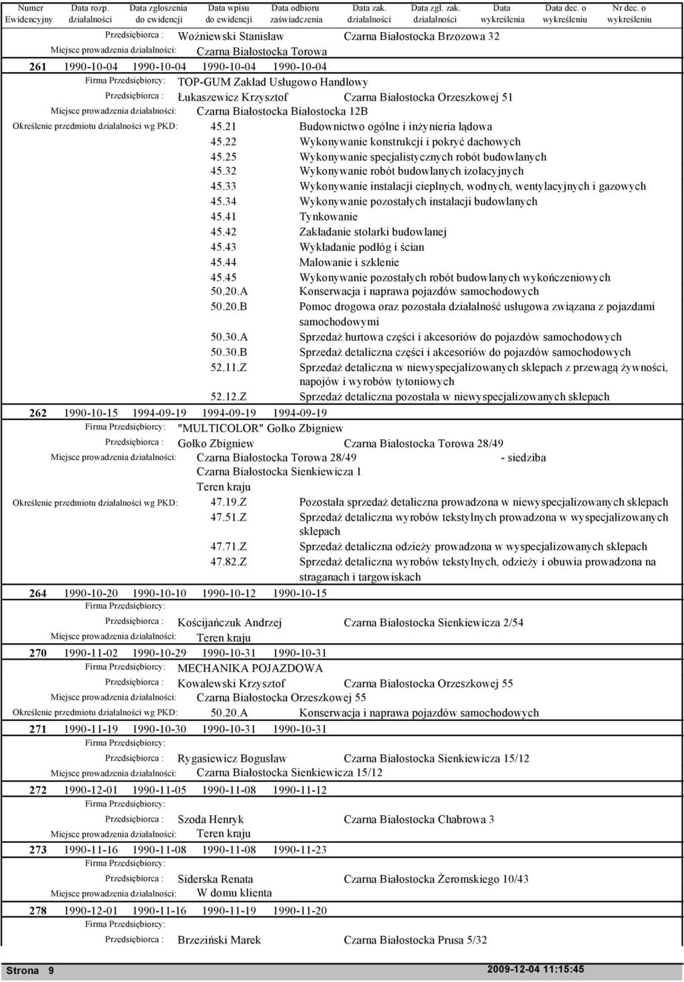 Przedsiębiorca : Łukaszewicz Krzysztof Czarna Białostocka Orzeszkowej 51 Miejsce prowadzenia : Czarna Białostocka Białostocka 12B Określenie przedmiotu wg PKD: 45.