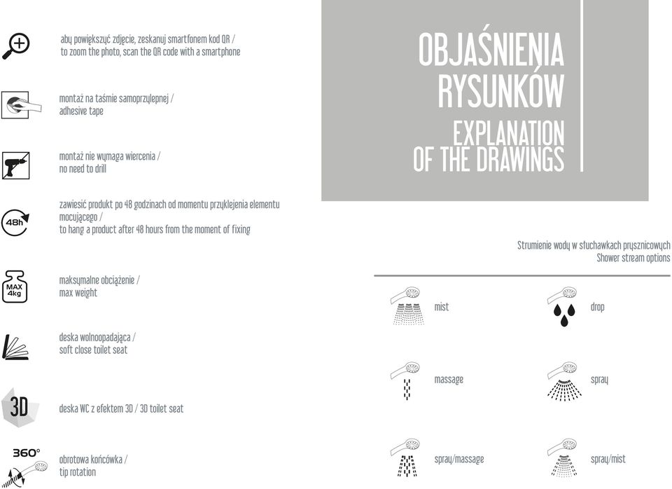 to hang a product after 48 hours from the moment of fixing Strumienie wody w słuchawkach prysznicowych Shower stream options MAX 4kg maksymalne obciążenie / max weight