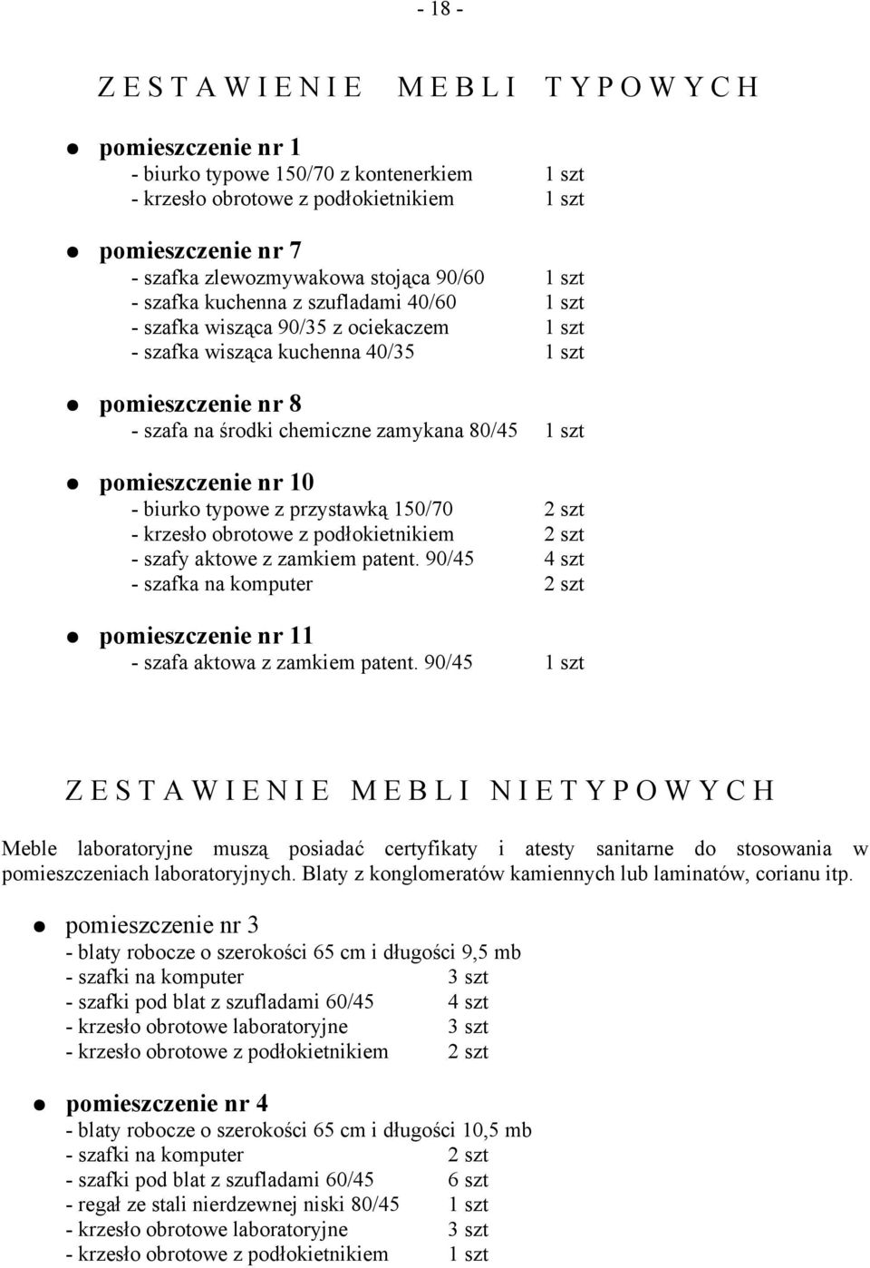 chemiczne zamykana 80/45 1 szt pomieszczenie nr 10 - biurko typowe z przystawką 150/70 2 szt - krzesło obrotowe z podłokietnikiem 2 szt - szafy aktowe z zamkiem patent.