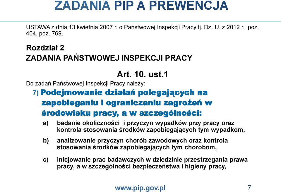 1 Do zadań Państwowej Inspekcji Pracy należy: 7) Podejmowanie działań polegających na zapobieganiu i ograniczaniu zagrożeń w środowisku pracy, a w szczególności: a) badanie