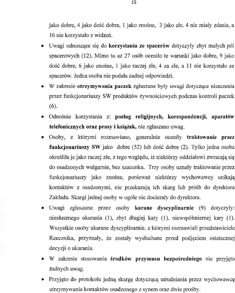 Mimo to aż 27 osób oceniło te warunki jako dobre, 9 jako dość dobre, 6 jako znośne, 1 jako raczej złe, 4 za złe, a 11 nie korzystało ze spacerów. Jedna osoba nie podała żadnej odpowiedzi.