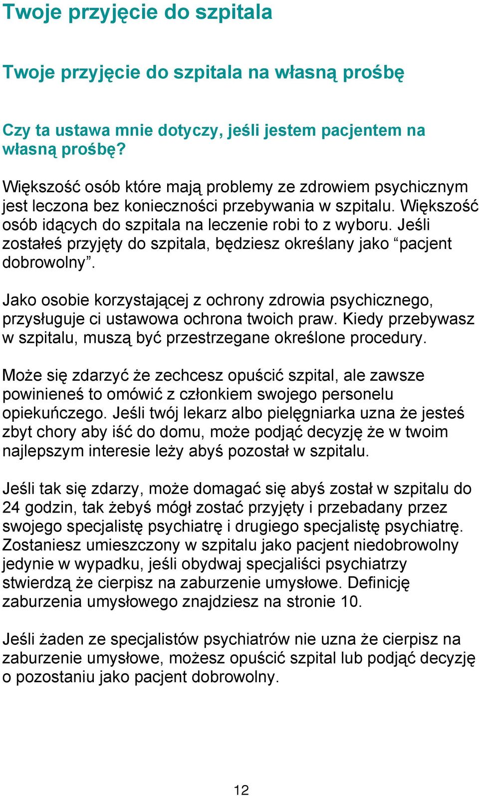 Jeśli zostałeś przyjęty do szpitala, będziesz określany jako pacjent dobrowolny. Jako osobie korzystającej z ochrony zdrowia psychicznego, przysługuje ci ustawowa ochrona twoich praw.