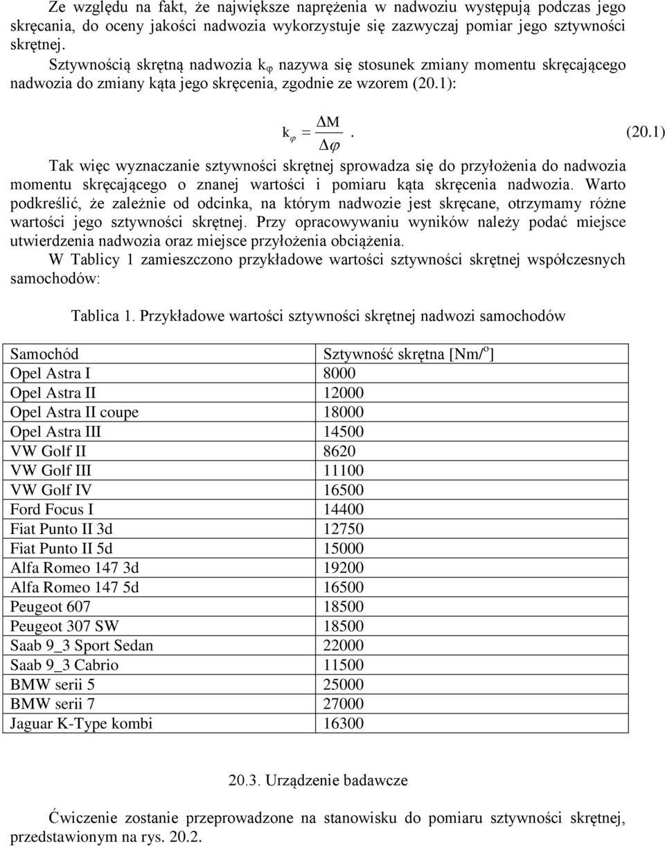 1): k M. (20.1) Tak więc wyznaczanie sztywności skrętnej sprowadza się do przyłożenia do nadwozia momentu skręcającego o znanej wartości i pomiaru kąta skręcenia nadwozia.