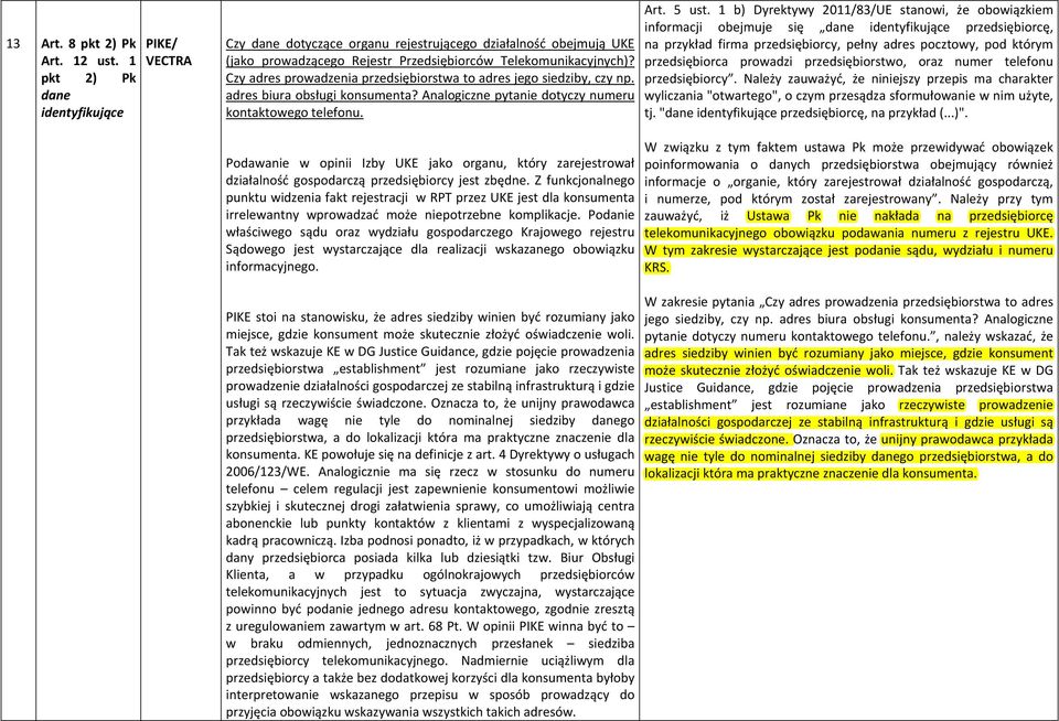 Czy adres prowadzenia przedsiębiorstwa to adres jego siedziby, czy np. adres biura obsługi konsumenta? Analogiczne pytanie dotyczy numeru kontaktowego telefonu. Art. 5 ust.