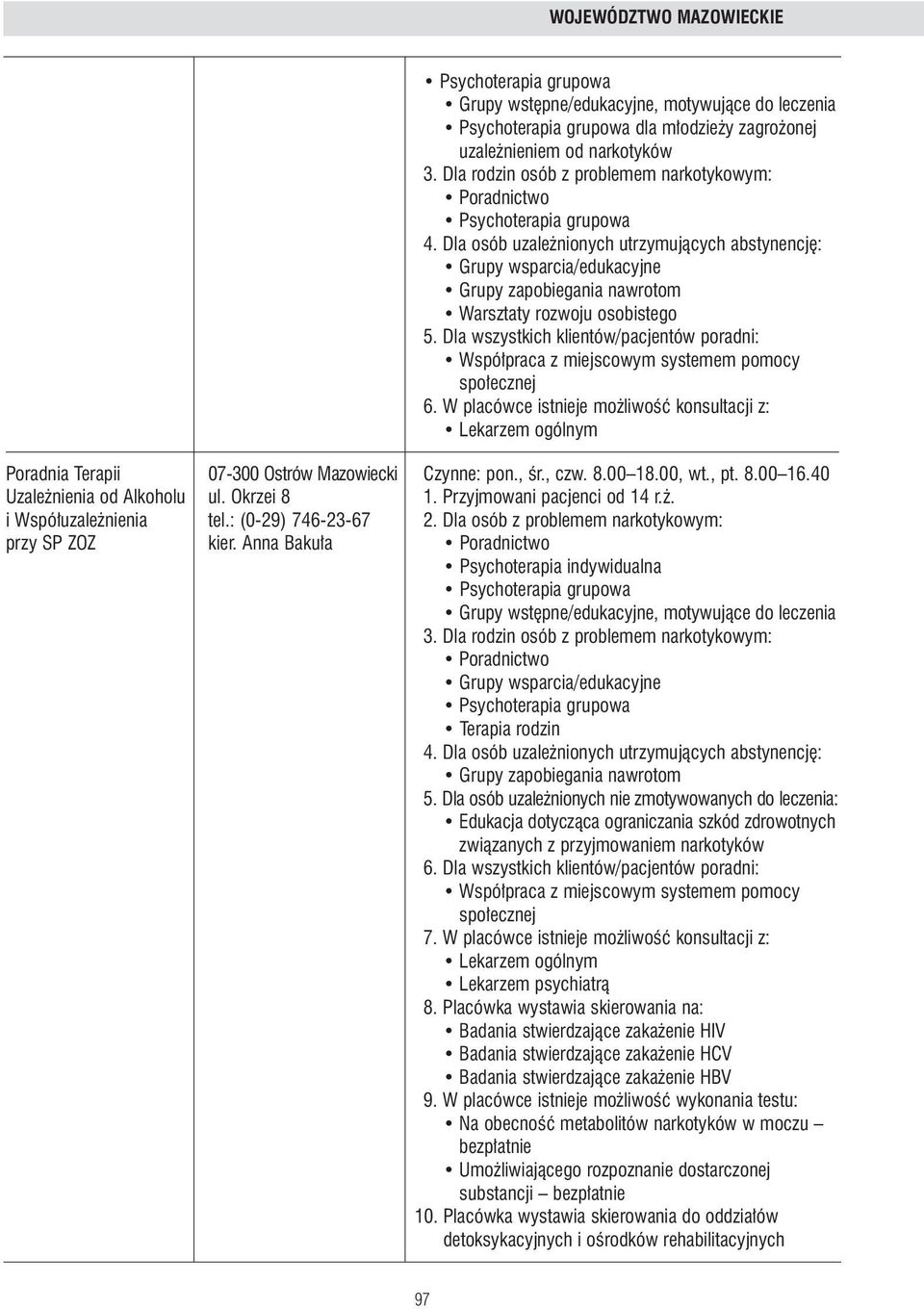 40 Uzale nienia od Alkoholu ul. Okrzei 8 1. Przyjmowani pacjenci od 14 r.. i Wspó uzale nienia tel.: (0-29) 746-23-67 2. Dla osób z problemem narkotykowym: przy SP ZOZ kier.