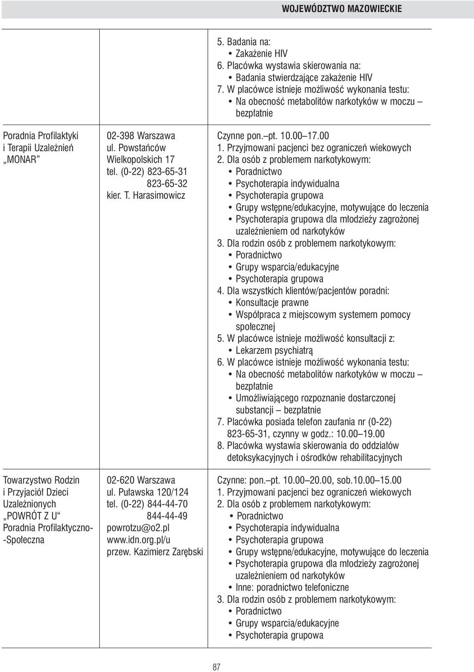 Przyjmowani pacjenci bez ograniczeƒ wiekowych MONAR Wielkopolskich 17 2. Dla osób z problemem narkotykowym: tel. (0-22) 823-65-31 823-65-32 Psychoterapia indywidualna kier. T.