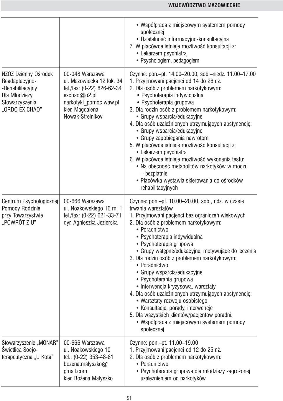 pl Psychoterapia indywidualna Stowarzyszenia narkotyki_pomoc.waw.pl ORDO EX CHAO kier. Magdalena Nowak-Strelnikov 4. Dla osób utrzymujàcych abstynencj : Grupy zapobiegania nawrotom 5.