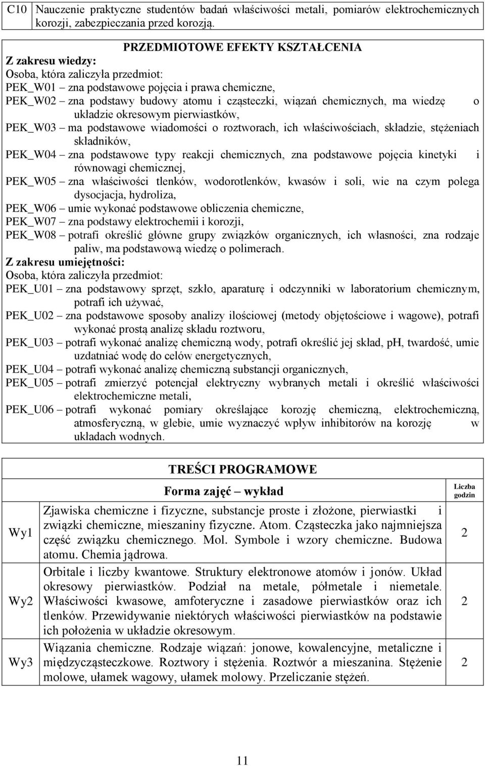 chemicznych, ma wiedzę o układzie okresowym pierwiastków, PEK_W03 ma podstawowe wiadomości o roztworach, ich właściwościach, składzie, stężeniach składników, PEK_W04 zna podstawowe typy reakcji