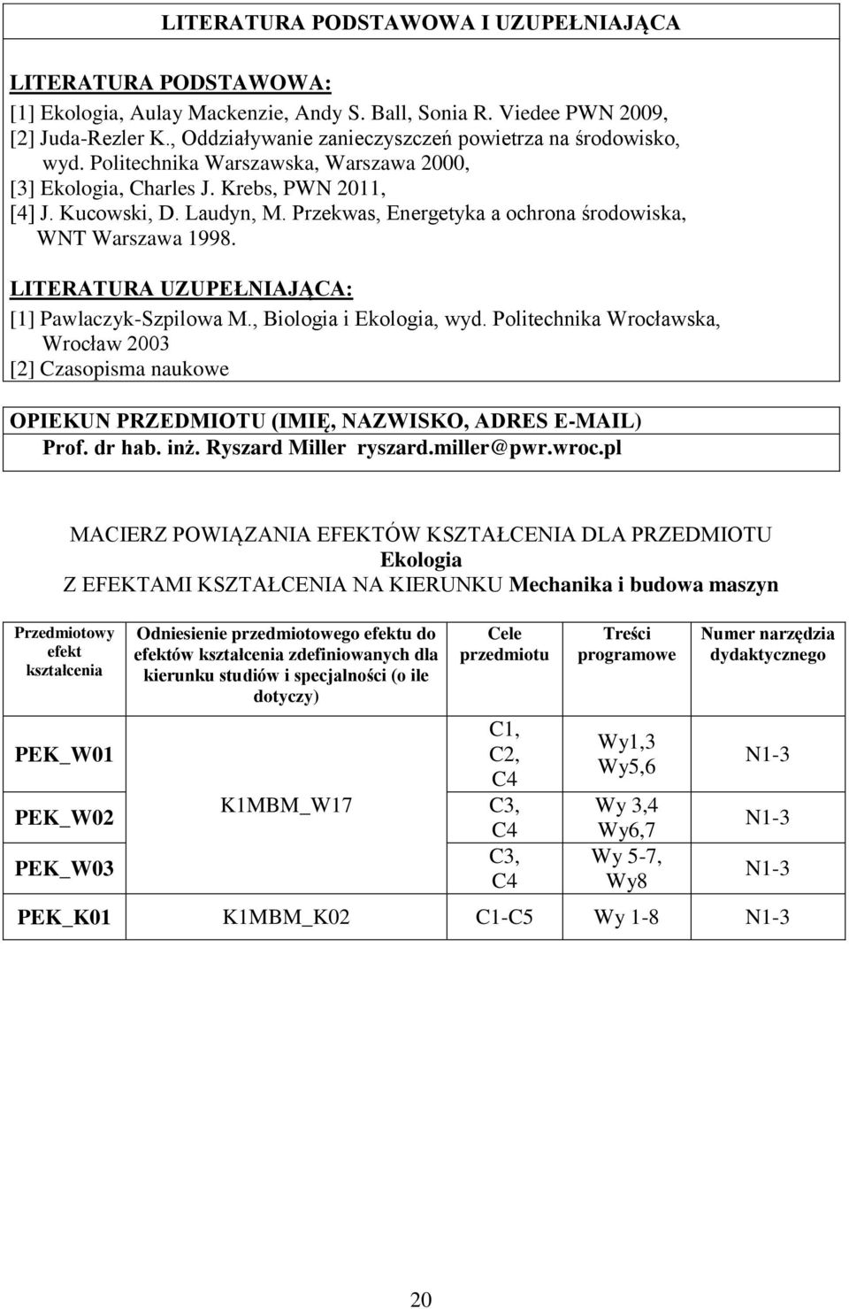 Przekwas, Energetyka a ochrona środowiska, WNT Warszawa 1998. LITERATURA UZUPEŁNIAJĄCA: [1] Pawlaczyk-Szpilowa M., Biologia i Ekologia, wyd.