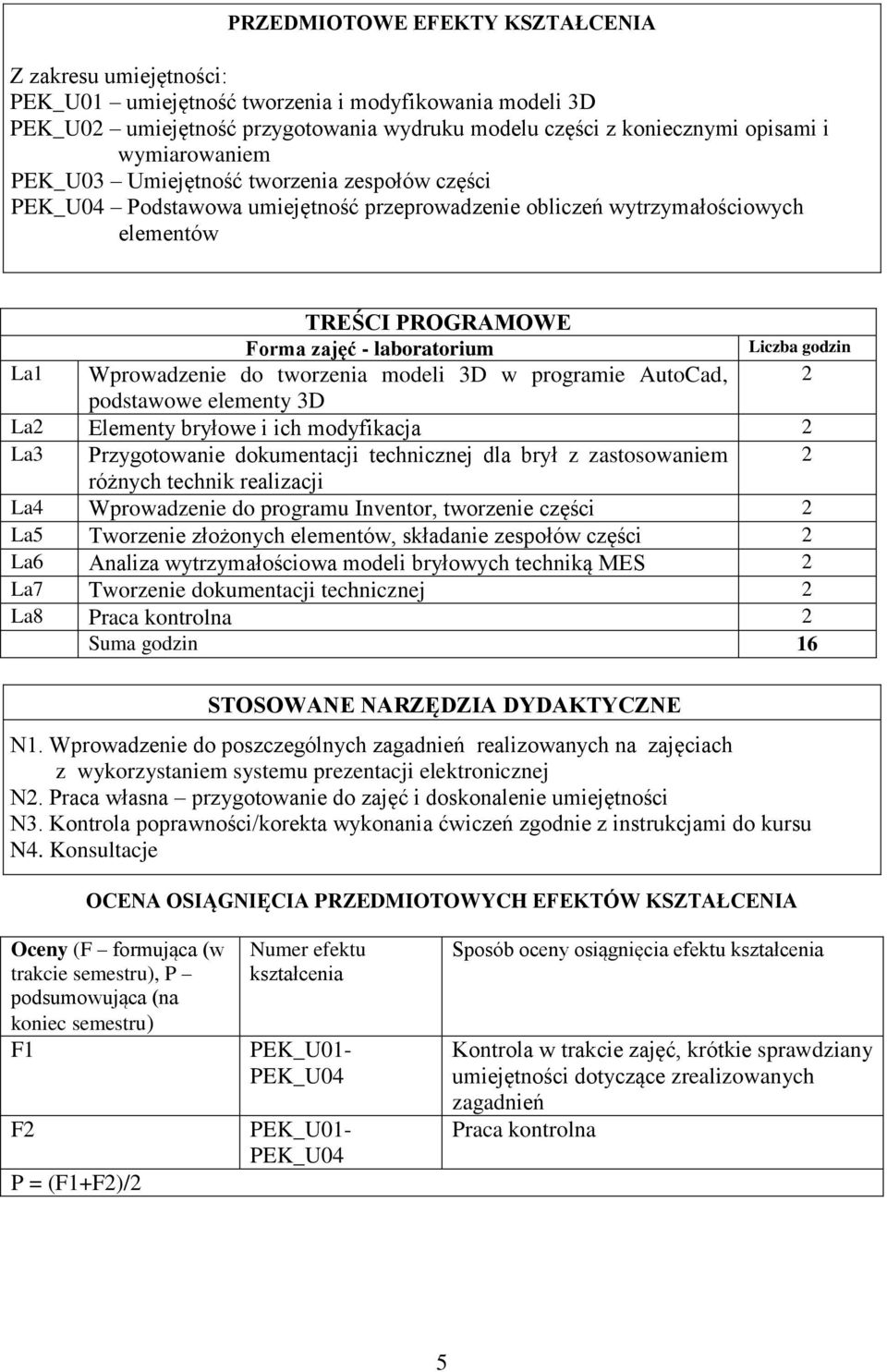 Wprowadzenie do tworzenia modeli 3D w programie AutoCad, podstawowe elementy 3D La Elementy bryłowe i ich modyfikacja La3 Przygotowanie dokumentacji technicznej dla brył z zastosowaniem różnych