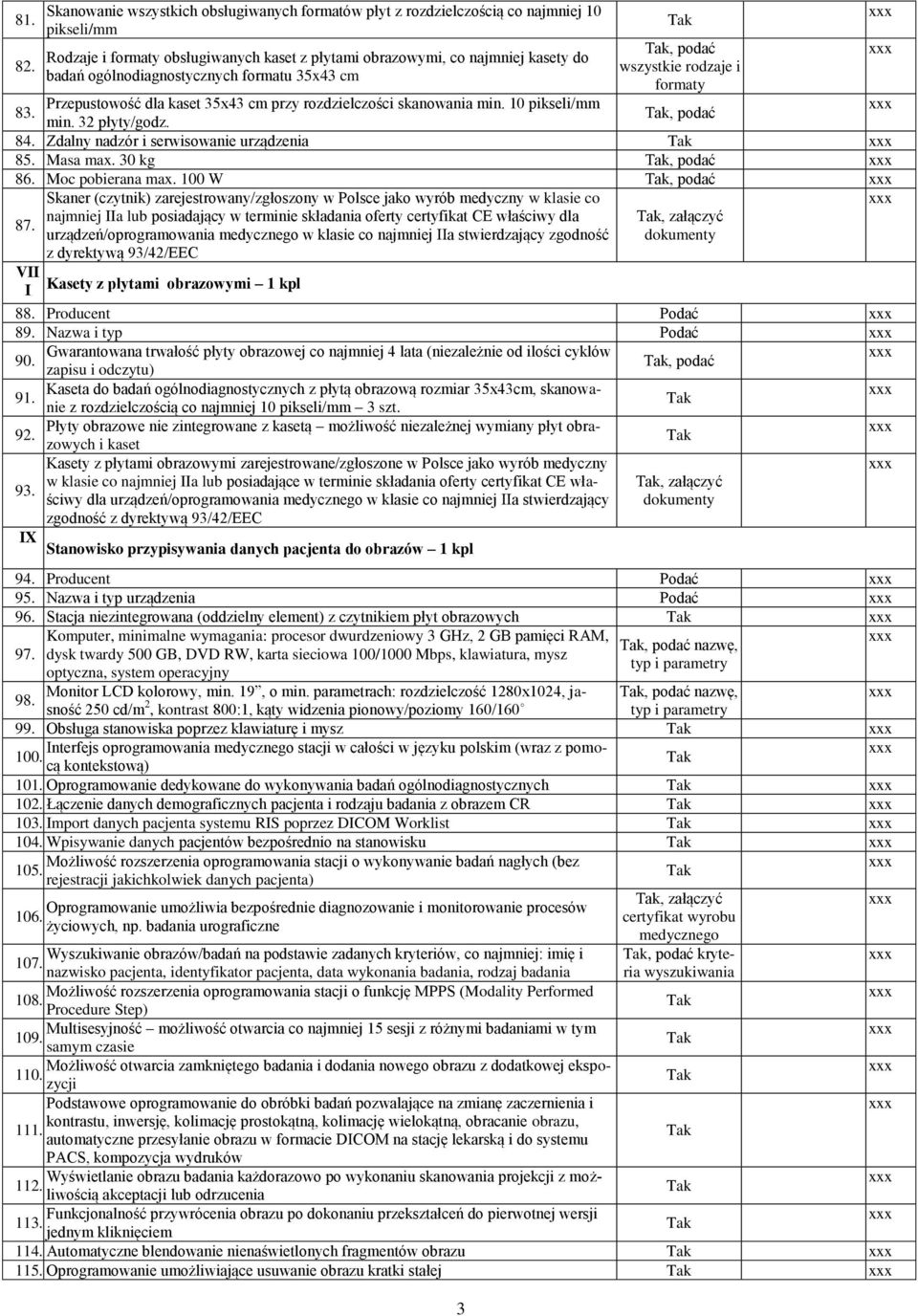 ogólnodiagnostycznych formatu 35x43 cm 3, podać wszystkie rodzaje i formaty Przepustowość dla kaset 35x43 cm przy rozdzielczości skanowania min. 10 pikseli/mm 83., podać min. 32 płyty/godz. 84.