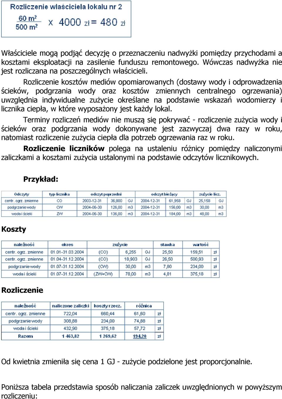 Rozliczenie kosztów mediów opomiarowanych (dostawy wody i odprowadzenia ścieków, podgrzania wody oraz kosztów zmiennych centralnego ogrzewania) uwzględnia indywidualne zużycie określane na podstawie