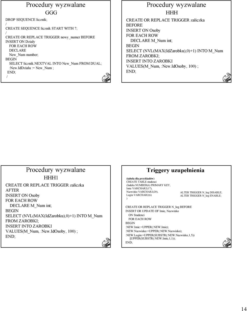 IdDzialu := New_Num ; / Procedury wyzwalane HHH CREATE OR REPLACE TRIGGER zaliczka BEFORE INSERT ON Osoby FOR EACH ROW M_Num int; SELECT (NVL(MAX(IdZarobku),0)+1) INTO M_Num FROM ZAROBKI; INSERT INTO