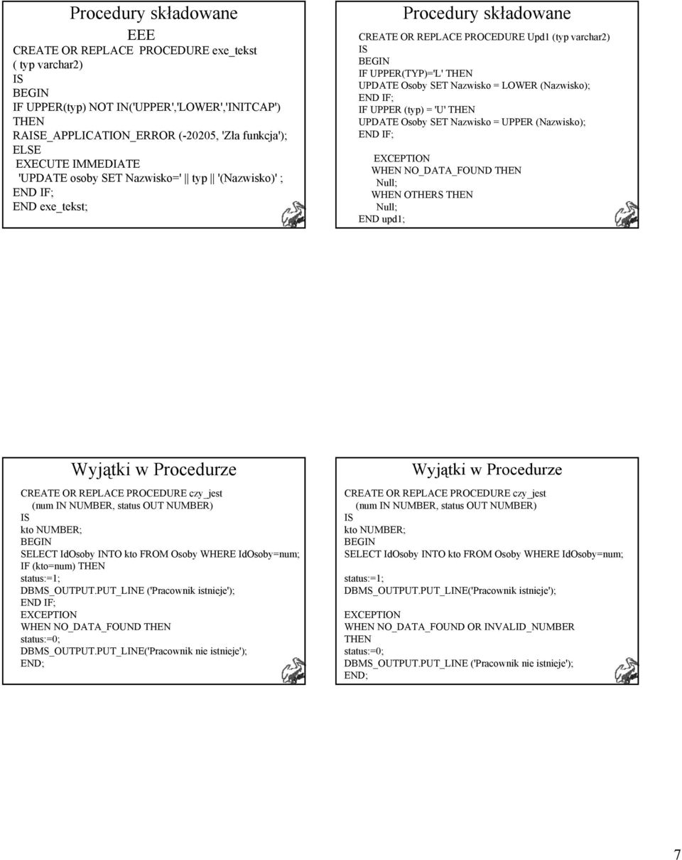 (Nazwisko); IF UPPER (typ) = 'U' THEN UPDATE Osoby SET Nazwisko = UPPER (Nazwisko); WHEN NO_DATA_FOUND THEN Null; WHEN OTHERS THEN Null; END upd1; Wyjątki w Procedurze CREATE OR REPLACE PROCEDURE