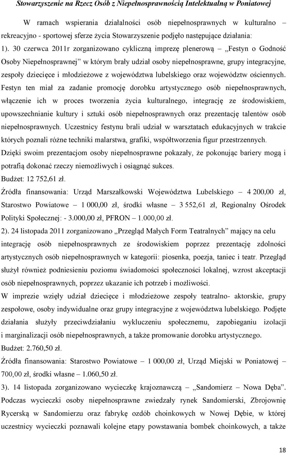 30 czerwca 2011r zorganizowano cykliczną imprezę plenerową Festyn o Godność Osoby Niepełnosprawnej w którym brały udział osoby niepełnosprawne, grupy integracyjne, zespoły dziecięce i młodzieżowe z